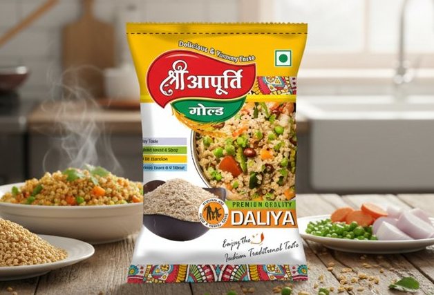 Aapurti Daliya pack in a kitchen with cooked daliya