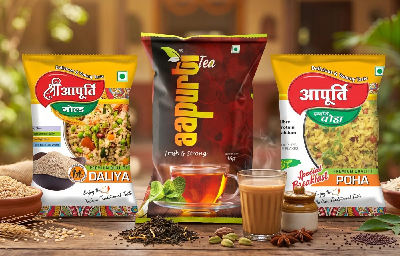 Aapurti Tea pack on a wooden table with a steaming cup of tea