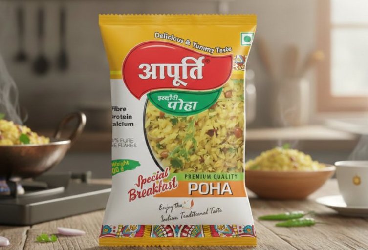 Aapurti Poha pack in a kitchen with a plate of poha