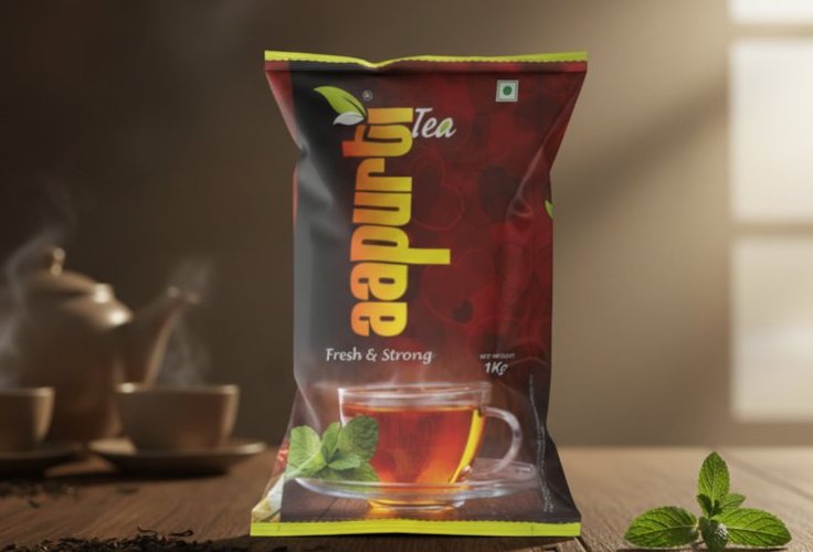 Aapurti Tea pack with a steaming cup of tea